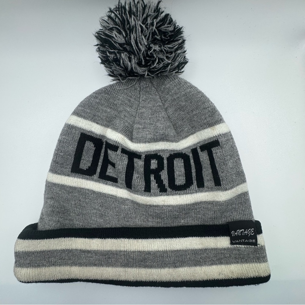 Detroit Knit Pom Beanie Hat Gray Black White Vantage Unisex Winter